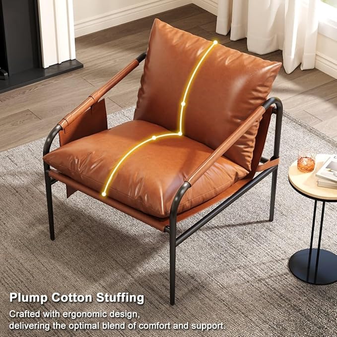 homary Brown Leather Accent Chair for Living Room Metal Frame, Padded Arms Side Pockets Granular Cotton Filling (Black & Brown)