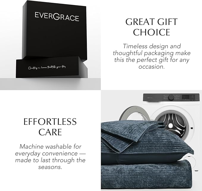 EVERGRACE Velvet Quilt Set King Size, Luxurious Soft Quilted Bedding Sets, Lightweight Velvet Comforter for All Season, Striped Channel Bedspread Coverlet with 2 Shams, Midnight Blue