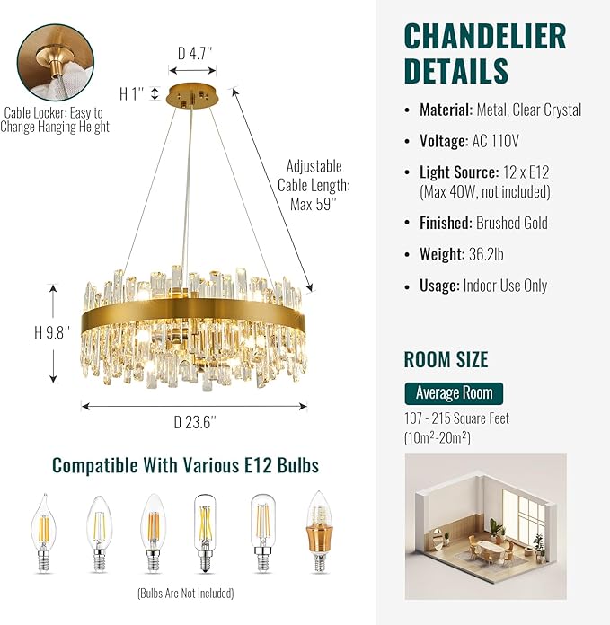Siljoy Modern Crystal Chandelier 12-Light Brushed Gold 2-Tiers Crystal Raindrop Chandelier Adjustable Flush Mount Pendant Ceiling Light Fixture for Dining Living Room Foyer Entryway D23.6''