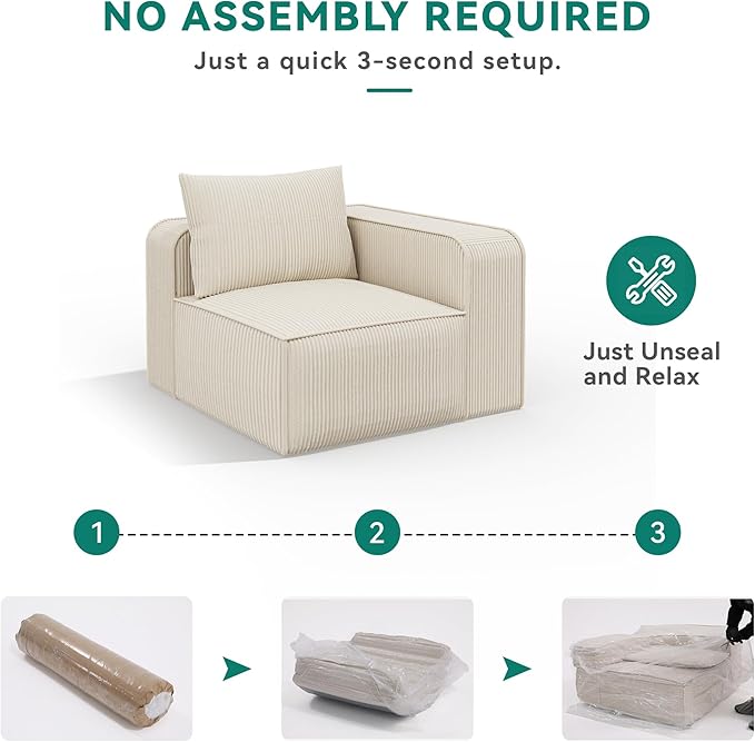 YITAHOME 107 Inch Cloud Modular Sofa with L-Shape Chaise, Deep Seat & 3 Pillows, Corduroy Couch for Living Room Bedroom, No Assembly Needed, Milky White