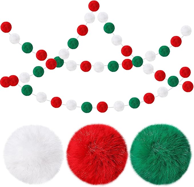 2 Pack Large Pom Poms Garland Hanging Decorations Colorful Soft Faux Rabbit Fur Ball Garland for Easter Xmas Holiday Wedding Baby Shower Birthday Party Supplies(Christmas,3.15 Inch)