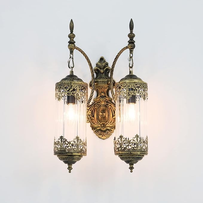Rustic Glass Wall Sconce Vintage 2-Lights Antique Gothic Wall Light Fixture Retro Farmhouse Mid Centry Lantern Wall Sconce for Bedroom, Living Room, Mirror, Brush Gold, E12
