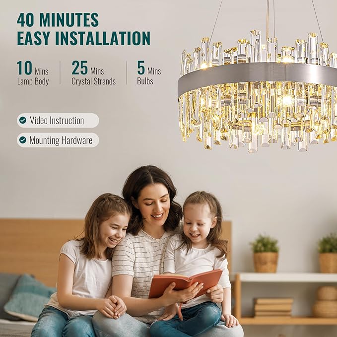 Siljoy 19.7'' Modern Crystal Chandelier for Dining Room, Luxury 2-Tiers K9 Crystal Raindrop Chandelier Flush Mount Dimmable Pendant Ceiling Light for Living Room Kitchen Island E12x12, Brushed Nickel