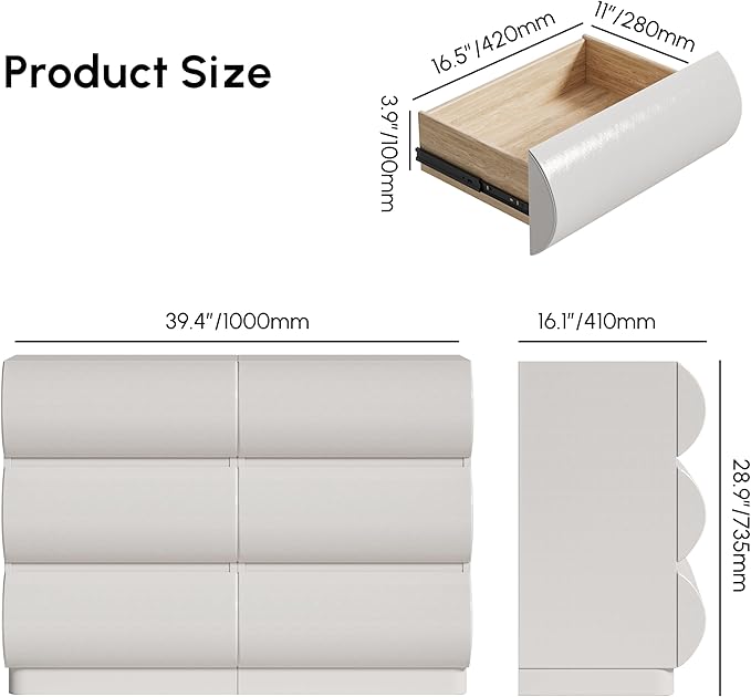homary Modern 6 Drawers Dresser, 39.4" Wide Faux Leather Chest of Drawers with Modern Design, Storage Dressers Organizer for Bedroom Living Room Hallway, White