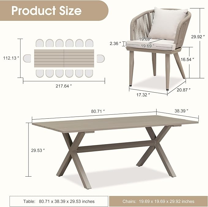 PURPLE LEAF 16 Pieces Patio Dining Table Set Wicker Outdoor Furniture Rectangular Table and Chairs Set for Garden Deck Aluminum Frame Backyard Kitchen Set, Cushions and Pillows Included Champagne