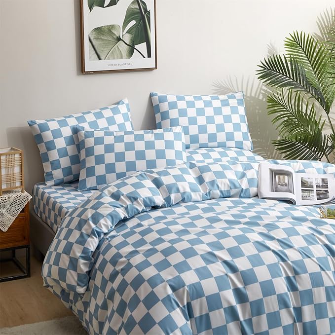 CLOTHKNOW Blue White Plaid Queen Comforter Set Grid Bedding Comforter Sets All Season Light Blue Comforter Checker Queen Size Comforter Sets