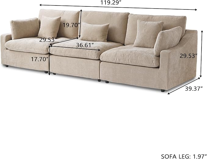 Cloud Couch Modular Sectional Sofa,119.2" 3Seater Wide Couch,Down Filled Convertible Living Room Set, Covers Washable&Replaceable,Khaki