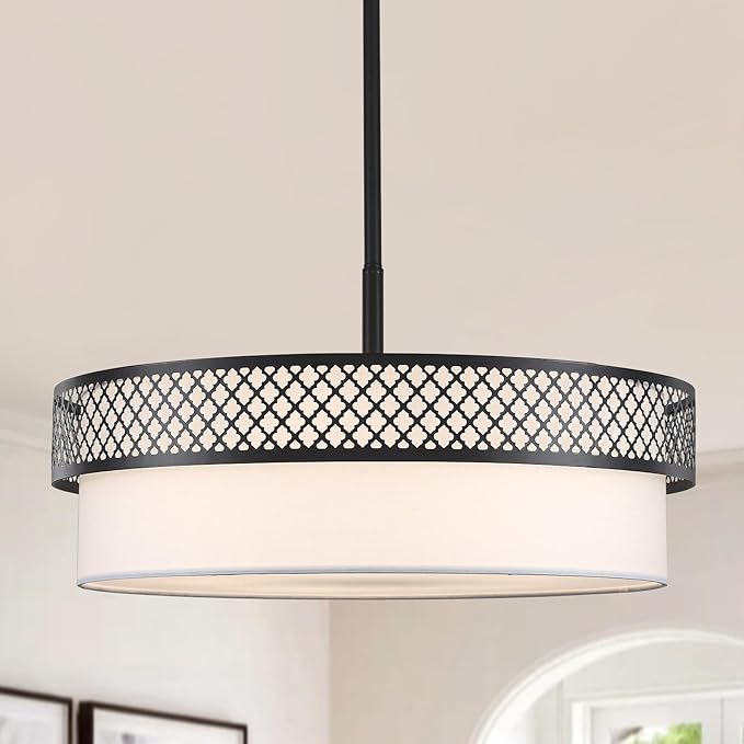 21.5" Drum Black Chandelier for Dining Room 5-Light Modern Farmhouse Chandeliers White Fabric Drum Pendant Light Fixture Large Hanging Lighting for Living Room Bedroom Kitchen Foyer Over Table, E26