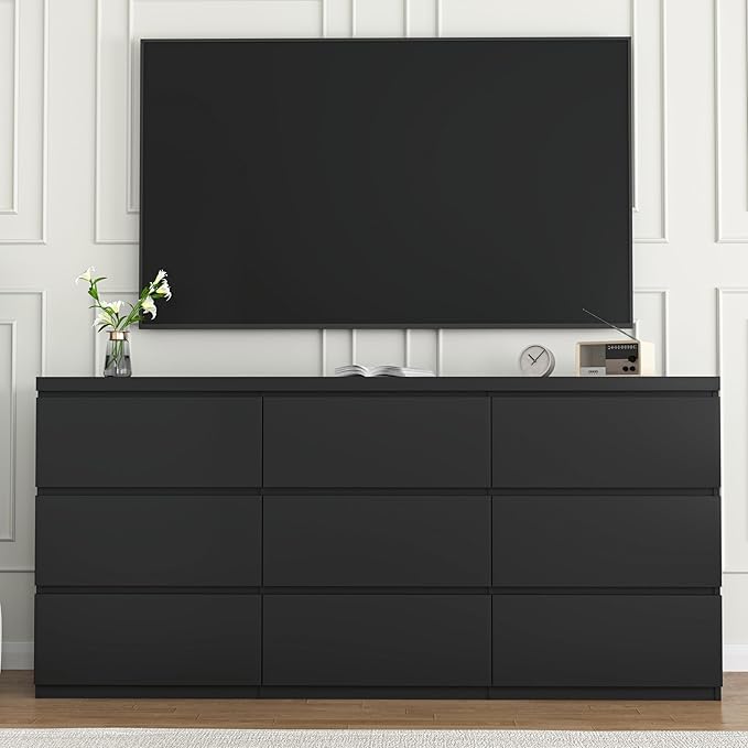 Dresser for Bedroom,9 Storage Drawers,63'' Modern Dresser with Metal Handle,TV Stand for 65 inch,Storage Organizer Furniture,Hallway,Entryway,Closet(Black)