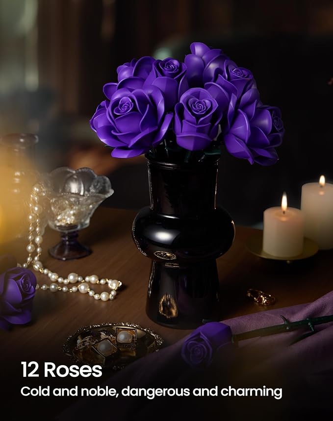 iATOM Purple Rose Bouquet Building Set, Compatible with Lego Flowers for Adults Women, Botanical Collection Gift for Halloween & Valentines Day - Artificial Plant Gothic Home Decor - IA11017