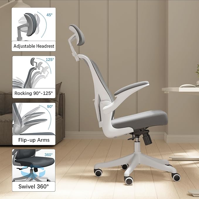 Ergonomic Office Chair with Adjustable Lumbar Support & Flip-Up Armrests - High Back Desk Chair with Thickened Seat Cushion, Rolling Wheels for Home/Office Study Work