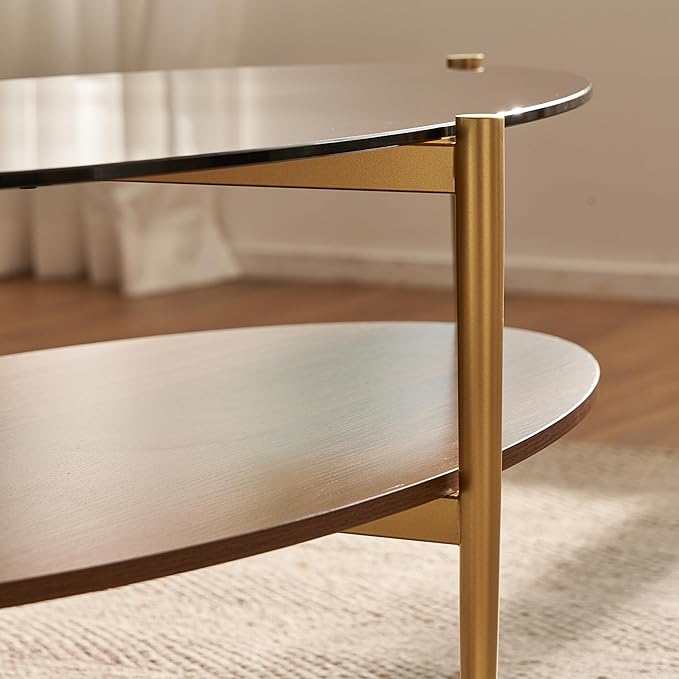 Saint Mossi Olive Glass Coffee Table for Living Room, Mid Century Modern Center Table, Surfboard Brown Glass & Coffee Brown MDF Bottom Shelf, L41xW21xH17, Gold Table Legs