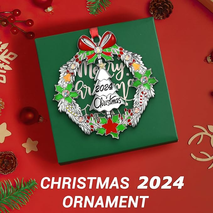 Christmas Ornament 2024 Decoration for Christmas Tree Hanging Metal Christmas Wreath with Rotatable Tree Dated 2024 Shiny Silver Ornaments Holiday Decorative Xmas Gifts for Family Friends