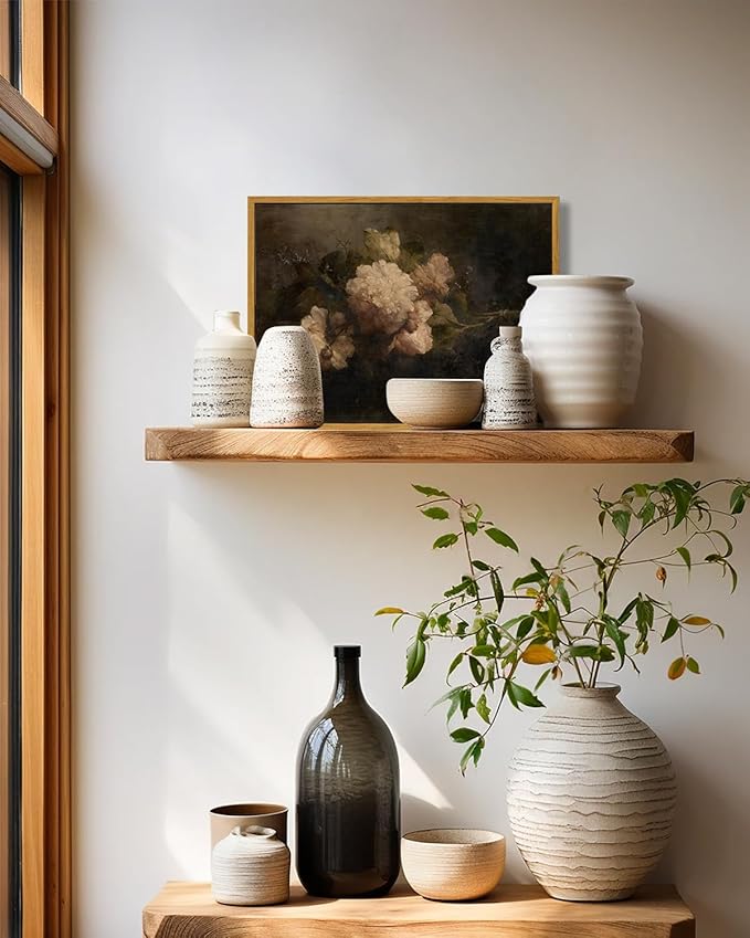 KBKBART Framed Canvas Wall Art Vintage , Dark Vintage Still Life Flower Canvas Oil Painting, Classical Moody Peony Bouquet Prints for Wall Decor, Antique Floral Art Painting Victorian Decor Artwork for Bedroom Living Room Bathroom Gallery(12"x16")