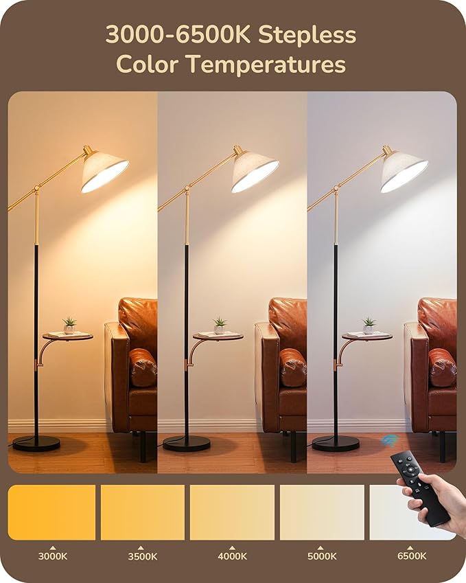 EDISHINE 68" Arc Floor Lamp with Table, Vintage Standing Lamp for Living Room, Height Adjustable, 5 Color Temperatures LED Bulb Included, Beige Shade, for Bedroom Office, Wood Grain