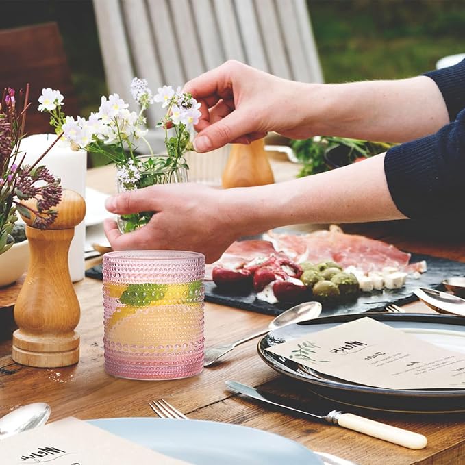 Pink Drinking Glasses Set of 4, 10 oz Hobnail Drinking Glasses - Pink Vintage Glassware for Beer, Cocktail, Soda, Juice, Coffee and Various Mixed Drinks