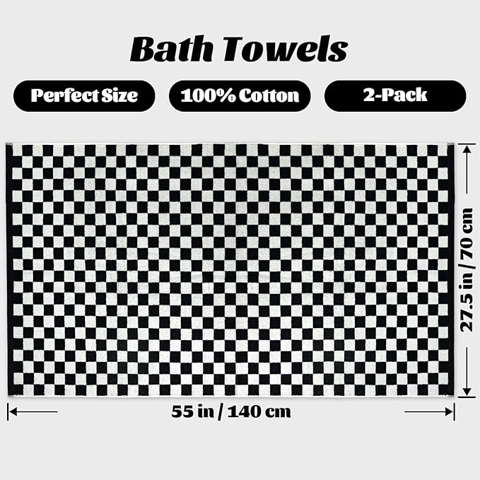 Jacquotha Bath Towels 100% Cotton Soft Absorbent Quick Dry Set of 2 Towels for Bathroom, Black & White Checkered