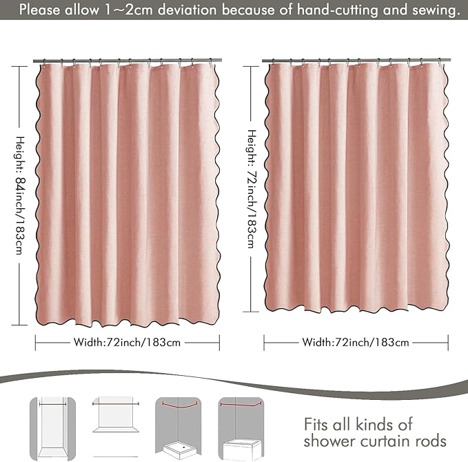 MIULEE Blush Pink Scalloped Shower Curtain Linen Textured with 12 Metal Hooks Cute Heavy Duty Washable Waterproof Thick Cloth Shower Curtains with Black Border for Bathroom Hotel Bathtub,W72*L72