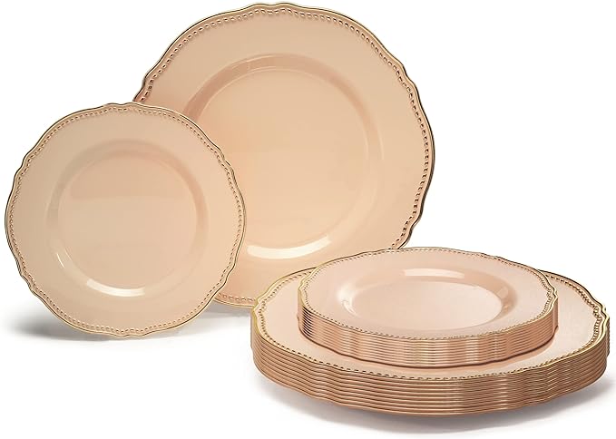 " OCCASIONS " 50 Plates Pack (25 Guests)-Heavyweight Wedding Party Disposable Plastic Plate Set -25 x 10.25'' Dinner + 25 x 7.5'' Salad/dessert plates (Rochelle Antique Rose and Gold)