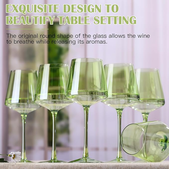 Physkoa Green Wine Glasses Set of 6-16oz Hand-Blown Green Wine Glass with Long Stem, Unique Red & White Wine Glasses For Party Home Bar Christmas