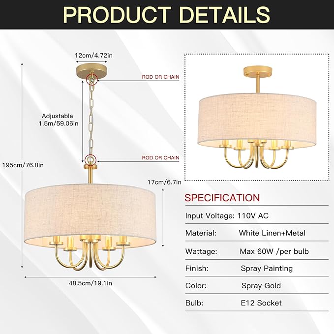 Drum Chandeliers for Dining Room, 5 Light White Drum Light Fixture Brass Round Chandelier with Linen Shades, 19" Fabric Pendant Light Gold Farmhouse Chandelier for Living Room Kitchen Bedroom Foyer