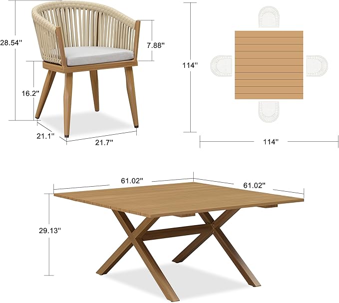 PURPLE LEAF 5 Pieces Oversized Square Outdoor Dining Table Set with Patio Aluminium Dining Table and Wicker Chairs Modern Furniture Cushions Sets for Backyard Indoor Decor Kitchen Teak