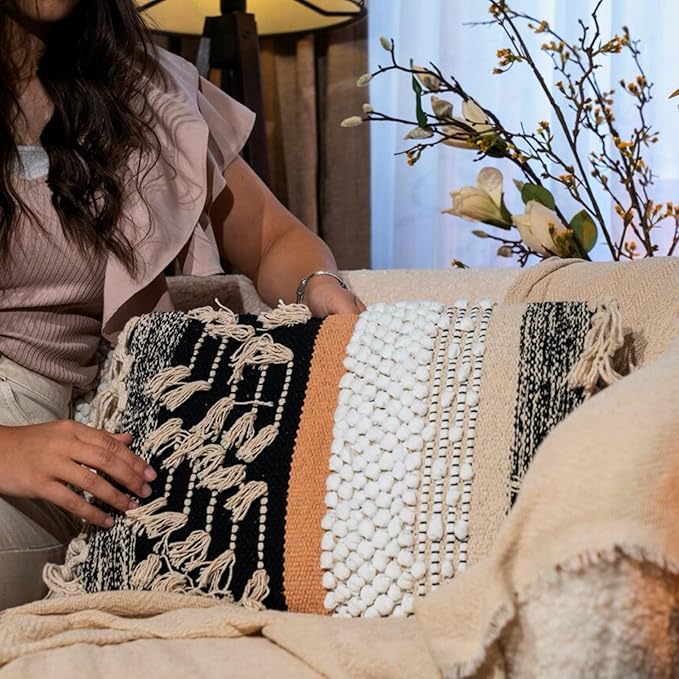 Decorative Boho-Chic Premium Pillow Cover 12x20 Handwoven Tufted Cotton Lumbar Accent Pillows, Neutral Earthly Color Throw Cushion, Farmhouse & Bohemian Home Decor (Limited Edition-Cover Only)