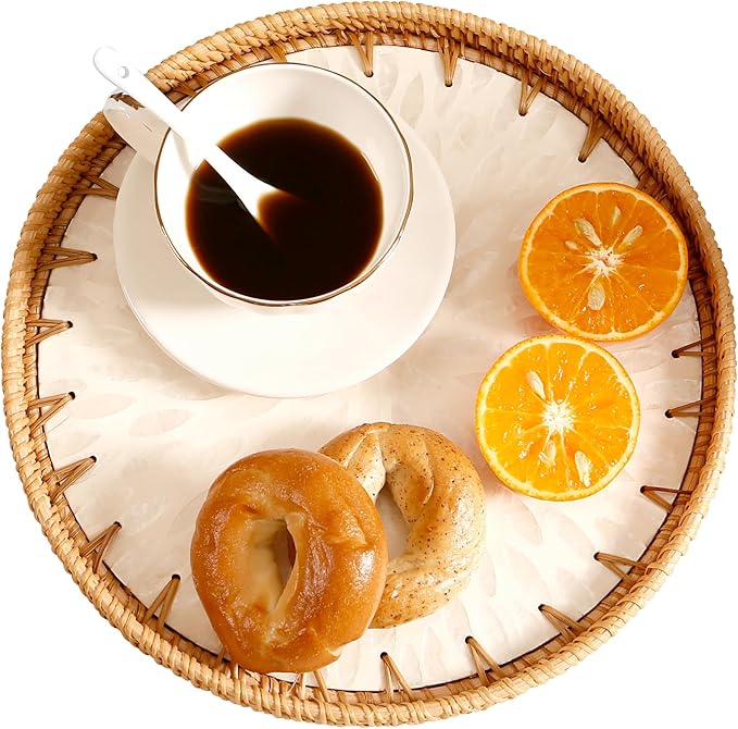Round Rattan Tray with Mother of Pearl Inlay & Wooden Base - Decorative Wicker Serving Tray for Coffee/Bread/Fruits Display - Multipurpose Home Decor (M,White Leaves)