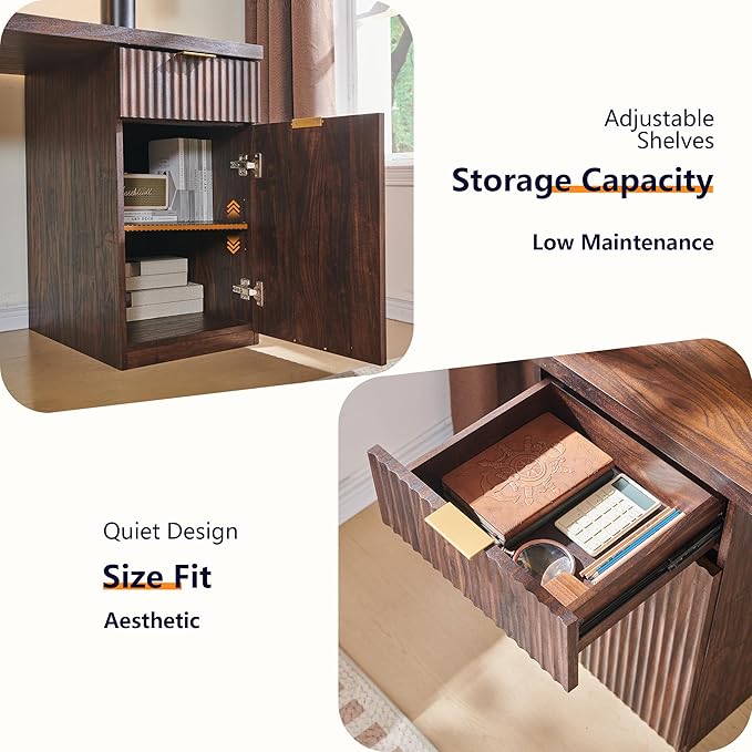 JXQTLINGMU 60" Modern Executive Desk with Storage, Wood Home Office Desk with Drawer & Cabinet, Fluted Computer Writing Desk for Study, Living Room, Bedroom, Dark Walnut