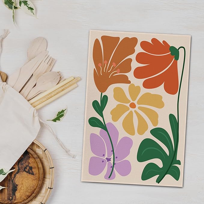 Boho Floral Dish Towels Vintage Abstract Flowers Waffle Weave Colorful Flower
