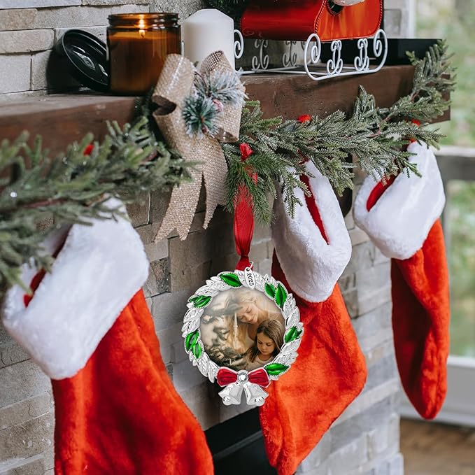 2025 Christmas Ornaments 2 inch Picture Frame Metal Hanging Pendant for Tree Small Decorative Keepsake, Display Photo for Baby and Pet (Wreath (2025))