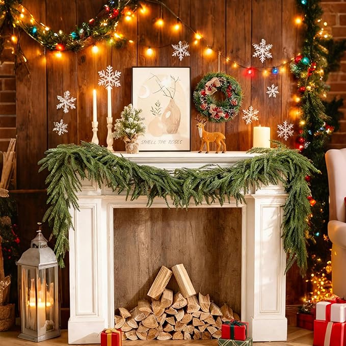 Christmas Garland, 6.3FT Real Touch Faux Green Norfolk Pine Garlands, Table, Fireplace, Winter Artificial Greenery Garland for Mantle, Stairs, Indoor & Outdoor Xmas Decorations