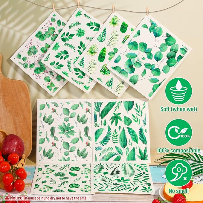 Lucomb Swedish Dish Cloths 8 Pack Washable Reusable Cleaning Kitchen Sponge Dishcloths Fast Drying Plants Print