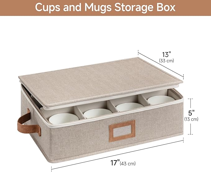 StorageWorks China Storage Container, Stackable Mug Storage Box with Dividers, Stemware Storage Cases, Hard Shell China Cup Organizer, Holds 12 Tea Cups and Coffee Mug, 2 Pack, Brown and Beige