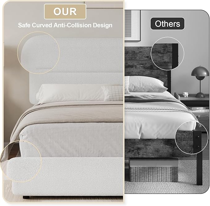 HOMBCK King Size Boucle Bed Frame, White Upholstered Platform King with Soft Headboard, Thickened Footboard, Rounded Corners, No Box Spring Required, Easy Assembly, White