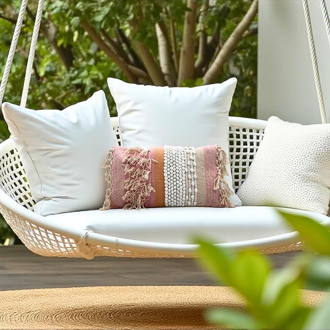 Decorative Boho-Chic Lumbar Pillow Cover 12x20 Handwoven Tufted Fringed Cotton Pink Cream Beige Neutral Farmhouse Bohemian Scandinavian Trendy USA Design