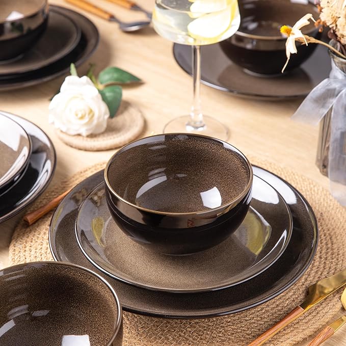 LERATIO Ceramic Dinnerware Sets for 8,Stoneware Plates and Bowls Sets,Handmade Reactive Glaze Dishes Set,Chip Resistant and Scratch Resistant | Oven&Dishwasher & Microwave Safe-Espresso Brown(24PCS)