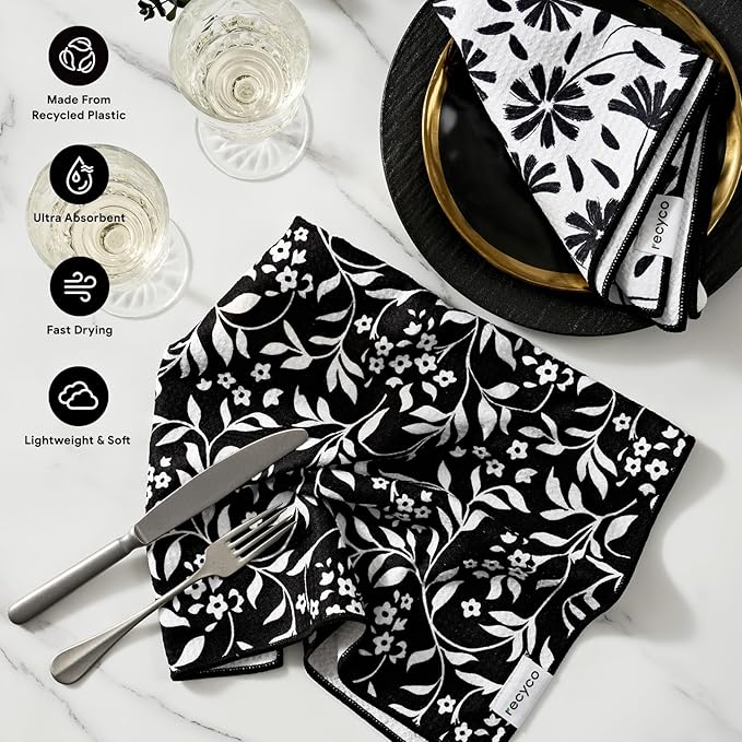 RECYCO Waffle Kitchen Towels Set of 2 Quick Dry Microfiber Sustainable Lightweight Hand Towels Black White Florals 16x28