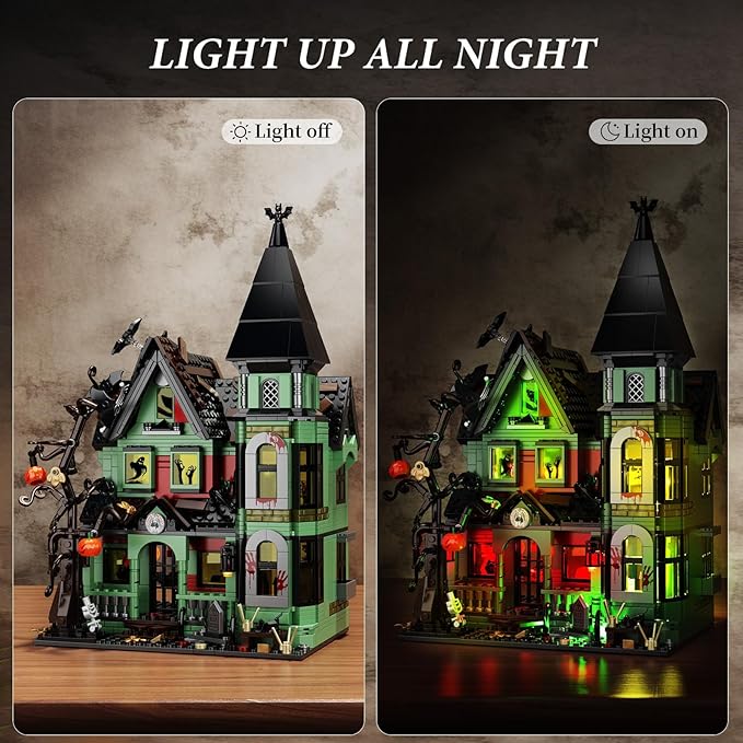 iATOM Haunted House Building Set with Lights, Halloween Mansion Building Toy Compatible with Lego for Adults, Horror Village Town Architecture Include Pumpkin Skeleton Spooky Bat Cat, F-C9987