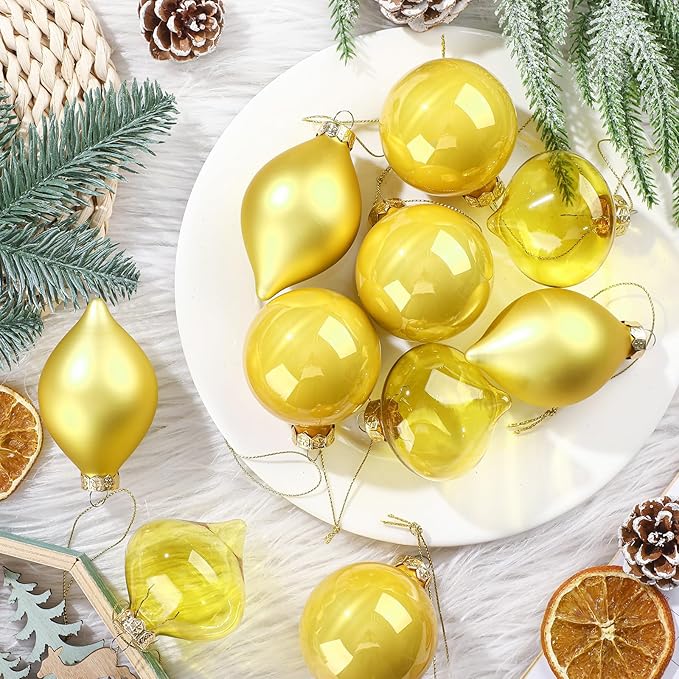 Zomiboo 12 Pcs Yellow Glass Christmas Ball Ornaments Set 3.15" Hanging Shatterproof Glass Bulbs for Christmas Tree Baubles Bulk for Holiday Xmas Tree Decorations Gifts