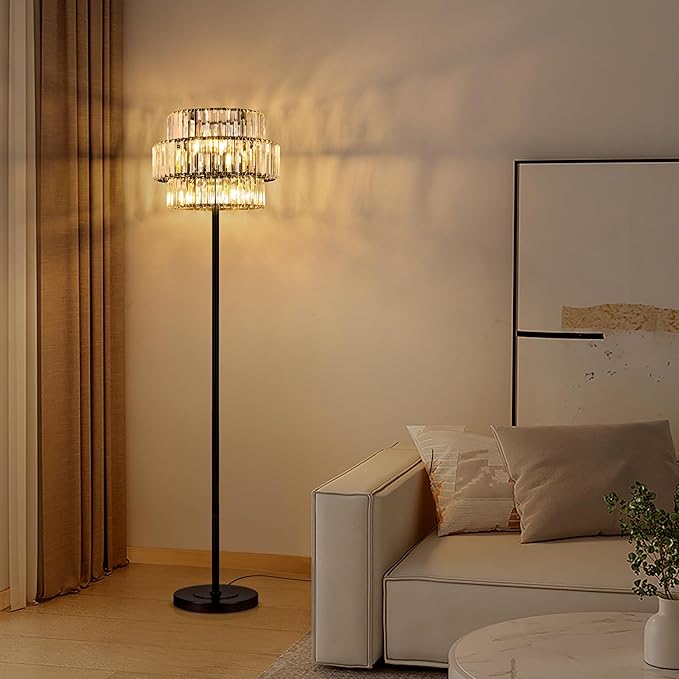 Wellmet Black Floor Lamp for Living Room, 6 Lights Modern Crystal Standing Lamp, Tall Elegant Floor Lamp with Foot Switch for Office, Reading Room, Bedroom, Dining Room(E12 Base)