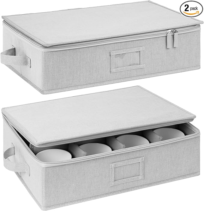 StorageWorks China Storage Container, Stackable Mug Storage Box with Dividers, Stemware Storage Cases, Hard Shell China Cup Organizer, Holds 12 Tea Cups and Coffee Mug, 2 Pack, Light Gray