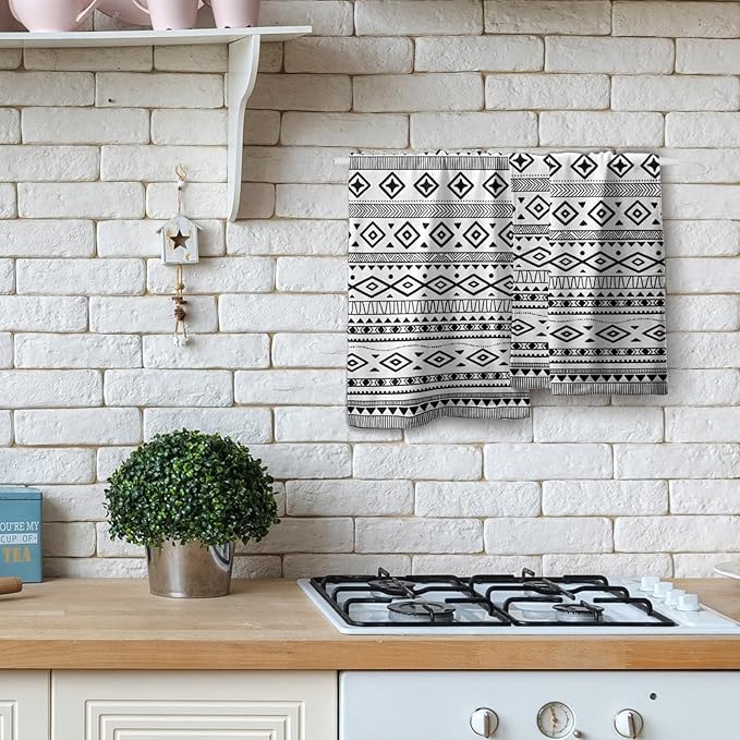 Black and White Tribal Kitchen Towels Aztec Geometric Stripe Set of 2