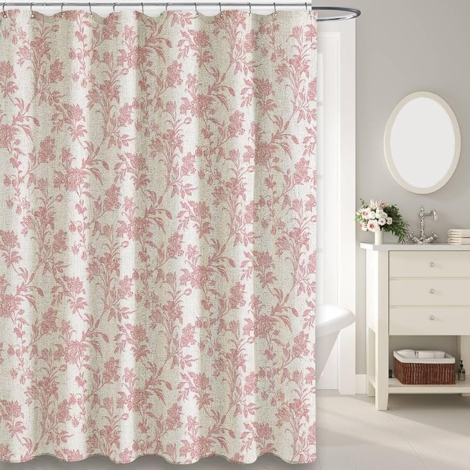 Pink Shower Curtain Floral Cotton Linen Cottagecore Shower Curtain for Bathroom 75" L x 72" W Long