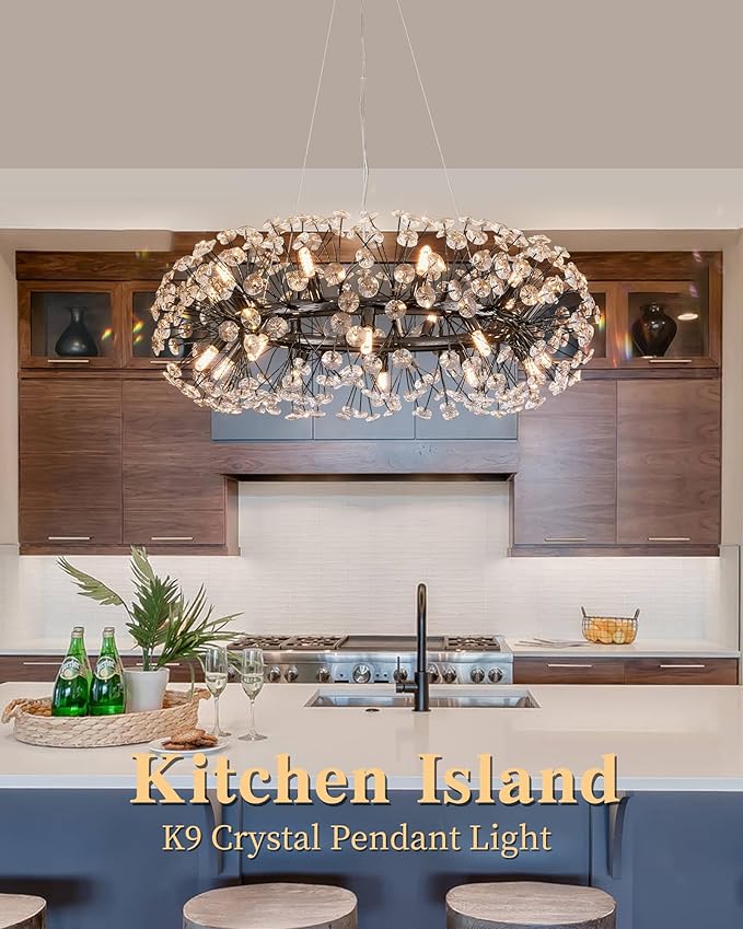 Modern Firework Chandelier, Farmhouse Black Crystal Round Dandelion Sputnik Chandeliers, 31.5" Contemporary 20-Light Pendant Hanging Lighting for Dining Room Kitchen Bedroom Living Room