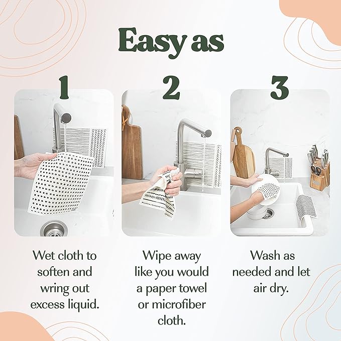 FEBU Swedish Dish Cloths 5 Pack Reusable Washable Kitchen Dish Towels, Stamps Pattern