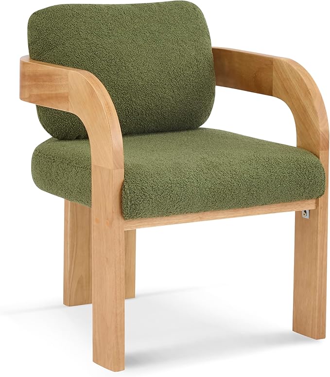 Christopher Knight Home Yorick Modern Boucle Dining Chair Set of 2 with Cushion, Solid Wood Dining Room, Curved Backrest Kitchen Side Chair, Living Room Comfy Extra Seat, Natural+Green