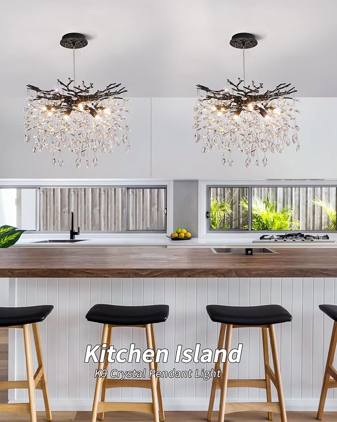 Modern Tree Branch Crystal Chandelier Luxury Black Crystal Pendant Lighting 18" Contemporary 6-Light Chandeliers for Dining Room Kitchen Bedroom Living Room
