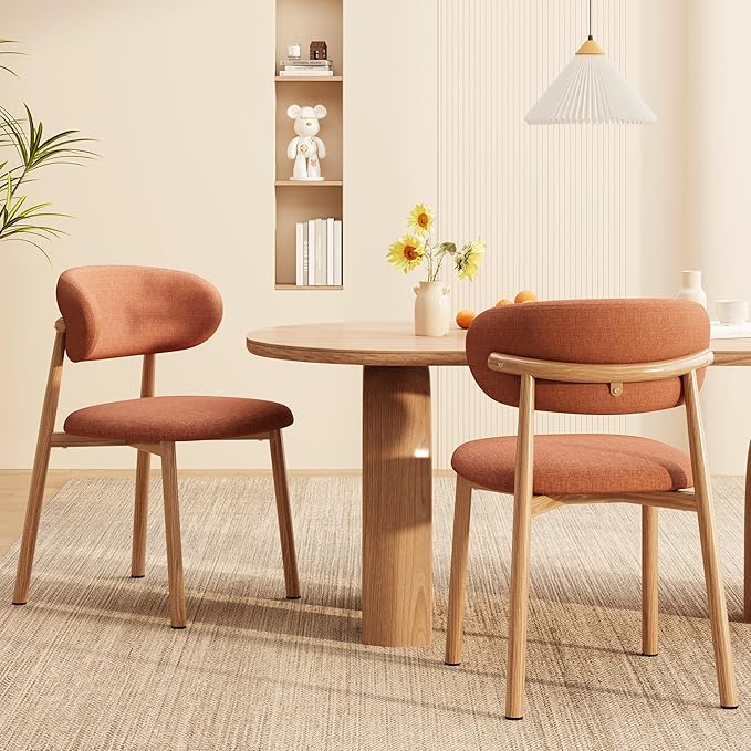 Kitchen Dining Chairs Set of 6 Modern Soft Linen Farmhouse Dining Room Chair with Metal Legs, Orange/Original