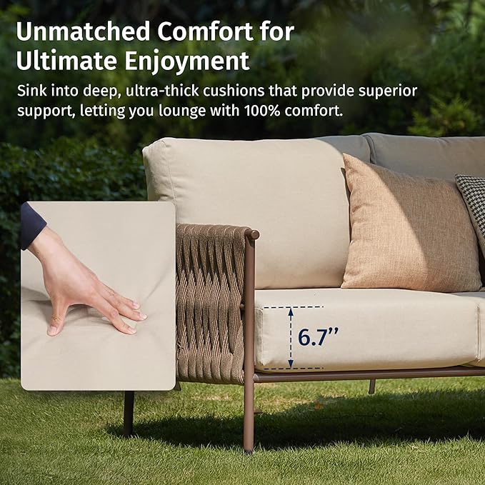 EAST OAK Life Chatter Outdoor Patio Furniture | Outdoor Seating 3 Seats with Waterproof Thick Cushions | Deep Seating Modern Patio for Garden, Porch, Balcony & Backyard | Chestnut & Apricot